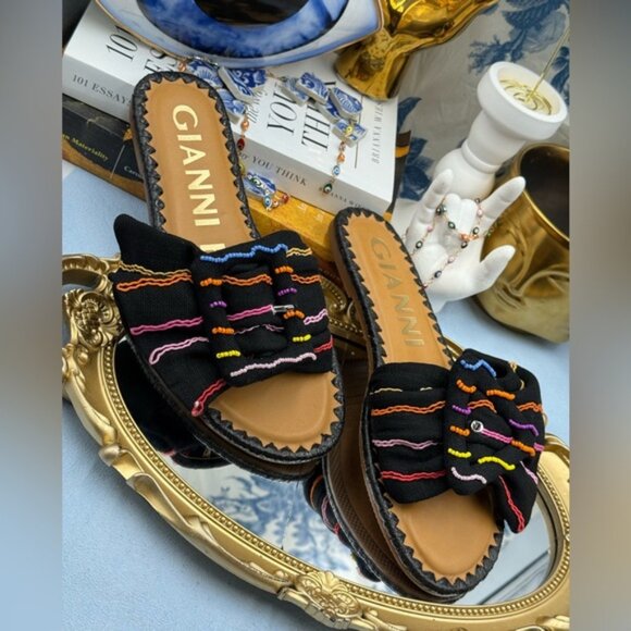 🆕 GIANNI BINI 🧿 NWOB JaxsonTwo Black & Rainbow Striped Linen Slide Sandal, Sz6 - Picture 6 of 15